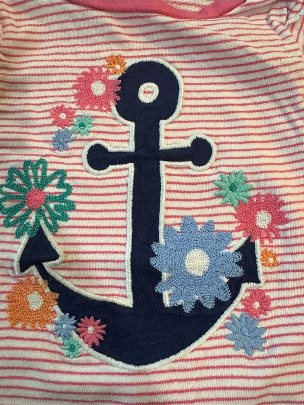 Gymboree Pink Striped Tee with Navy Anchor and Floral Appliqués with Navy short.